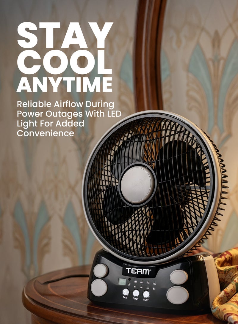 تيم TEAM Rechargeable Emergency Fan – 12" AC/DC Operated, 6-Speed Wind Adjustment, LED Light, USB Mobile Charging, Timer Display, Solar Compatible, Long Battery Life - Image 2